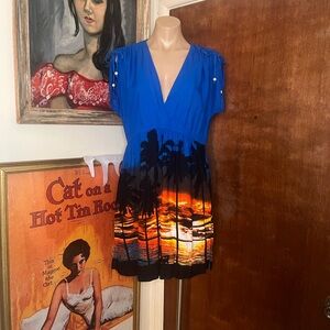Favant Blue Hawaiian Sunset Smocked Waist Shoulder Tie Deep V Mini Dress XL